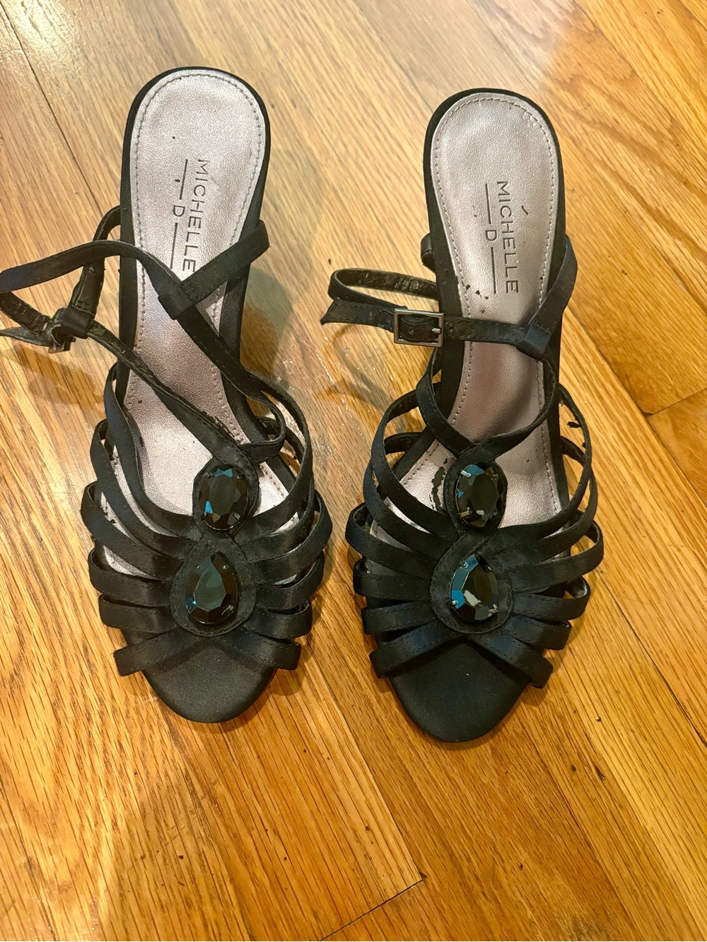 Michelle D Black Strappy Heels with Teardrop Gem Details